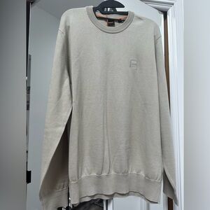 Boss Cream Cotton Crewneck Sweater with Logo Patch